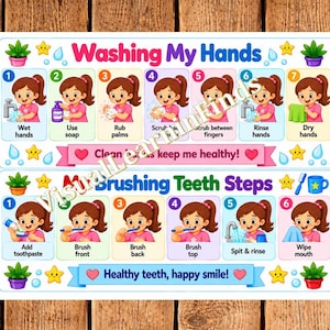 Może przedstawiać: Kolorowy plakat edukacyjny z dwiema sekcjami: Washing My Hands z siedmioma ponumerowanymi krokami oraz My Brushing Teeth Steps z sześcioma ponumerowanymi krokami. Każdy krok zawiera ilustrację dziewczynki wykonującej czynność wraz z tekstem.