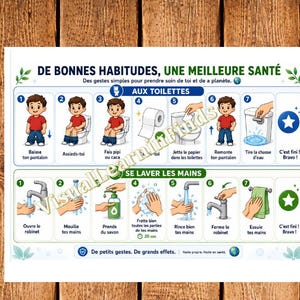 May include: A white poster with French instructions on toilet use and handwashing, featuring illustrations of a boy in a red top and blue trousers. Text includes "DE BONNES HABITUDES, UNE MEILLEURE SANTÉ". The poster is on a wooden background.