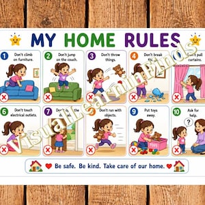 May include: A white poster titled MY HOME RULES featuring ten numbered illustrations of a child demonstrating behaviors to avoid, such as climbing furniture or throwing things, and positive actions like putting toys away and asking for help.