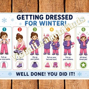 May include: A white educational poster titled GETTING DRESSED FOR WINTER! featuring six numbered steps with illustrations of a child putting on pink snow trousers, purple boots, a purple jacket, a pink hat, a pink scarf, and pink mittens.