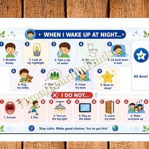 Op de afbeelding: Een visuele kaart getiteld WHEN I WAKE UP AT NIGHT met genummerde stappen voor nachtelijke routines. Het bovenste gedeelte toont positieve acties zoals ademen, een nachtlampje gebruiken, water drinken en slapen. Het onderste gedeelte toont verboden acties.