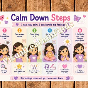 Puede incluir: Un póster educativo rectangular titulado Calm Down Steps que presenta seis paneles numerados con ilustraciones de una persona joven demostrando técnicas de regulación emocional, incluyendo respiración, conteo y pensamiento positivo, en colores pastel.