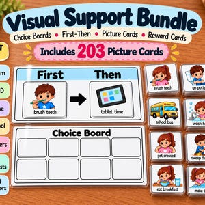 First Then Board Visual Schedule Bundle | Autism Visual Supports | Choice Board | 203 Picture Cards | ABA Therapy Tools | Token boards