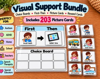 First Then Board Visual Schedule Bundle | Autism Visual Supports | Choice Board | 203 Picture Cards | ABA Therapy Tools | Token boards