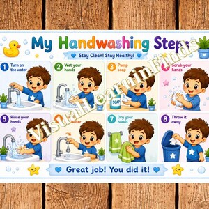 Op de afbeelding: Een rechthoekige educatieve poster getiteld My Handwashing Steps met acht genummerde cartoonpanelen die een kind tonen dat hygiëneroutines uitvoert. De tekst bevat Stay Clean! Stay Healthy! en Great job! You did it! met blauwe accenten.