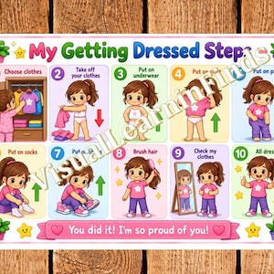 May include: A colorful educational poster titled My Getting Dressed Steps featuring ten numbered illustrations of a child performing daily dressing tasks. The chart includes steps like choosing clothes, putting on underwear, shirt, pants, socks, shoes, and brushing hair.