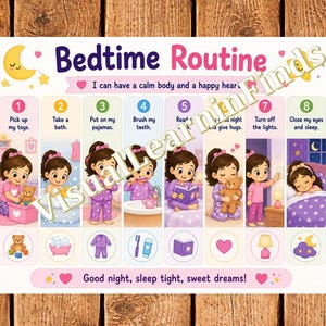 May include: A Bedtime Routine chart featuring eight numbered steps with illustrations of a child performing tasks like picking up toys, bathing, brushing teeth, and sleeping. The text includes 'I can have a calm body and a happy heart' and 'Good night, sleep tight, sweet dreams!'