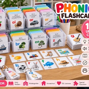 Può includere: Un set di 168 flashcard fonetiche organizzate in contenitori di plastica trasparente, con illustrazioni colorate e testo per lettere, parole e suoni. La collezione include carte singole su anelli metallici e set numerati da 1 a 8.