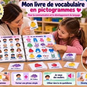 Puede incluir: Una carpeta de vocabulario con 485 pictogramas para el desarrollo del lenguaje, que incluye secciones de personas y ropa. La carpeta contiene tarjetas ilustradas con etiquetas en francés y el set incluye tarjetas adicionales para formar frases.