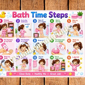 May include: A rectangular educational poster titled Bath Time Steps featuring fifteen numbered illustrations of a child performing hygiene tasks. The chart includes a yellow rubber duck, pink towels, and text detailing steps from choosing clothes to finishing the bath.