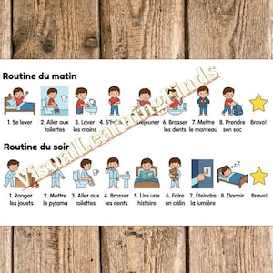 May include: A white poster with a wooden background, illustrating a morning and evening routine with cartoon figures. The text includes "Routine du matin" and "Routine du soir" with numbered steps in French.