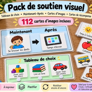 Op de afbeelding: Een visueel ondersteuningspakket met een blauw 'Maintenant-Après'-bord voor tandenpoetsen en schermtijd, en een groen 'Tableau de choix'-bord voor blokken, boeken en auto's, inclusief extra kaarten voor zon, appel, bus en beer.