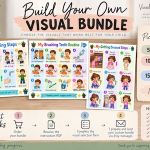 May include: A printable visual learning bundle featuring three colorful charts titled My Potty Training Steps, My Brushing Teeth Routine, and My Getting Dressed Steps. The charts include numbered illustrations of daily tasks, pricing tiers, and a how-it-works guide.