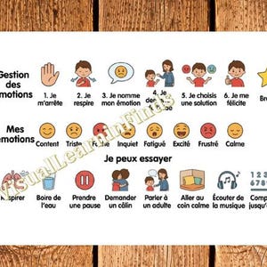 以下が含まれることがあります： 感情を管理するためのフランス語のテキストとイラストが描かれた白いポスター。ポスターには、「止まる」、「呼吸する」、「自分の感情に名前を付ける」などの手順が含まれています。また、感情と対処法に関するセクションも含まれています。