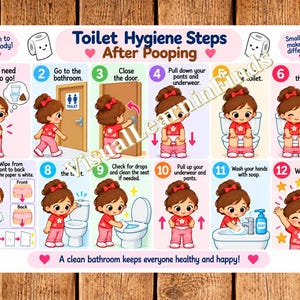 May include: A rectangular educational poster titled Toilet Hygiene Steps After Pooping, featuring twelve numbered cartoon illustrations of a child in a red shirt and pink pants demonstrating bathroom routines, including wiping, flushing, and hand washing.