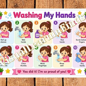 Op de afbeelding: Een rechthoekige educatieve poster getiteld Washing My Hands met tien genummerde stappen, geïllustreerd met een stripfiguur in een roze shirt die handhygiëne demonstreert met zeep, water en een blauwe handdoek, met de tekst You did it! I'm so proud of you! onderaan.