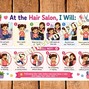 Può includere: Un poster educativo colorato intitolato At the Hair Salon, I Will: con illustrazioni a cartoni animati sulle regole di comportamento per i bambini. Il grafico mostra passaggi numerati per una condotta positiva e azioni vietate con testo chiaro.