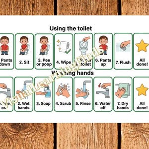 May include: A laminated educational chart with instructions for using the toilet and washing hands. The chart features cartoon illustrations and numbered steps, including "Pants down," "Sit," and "Flush."