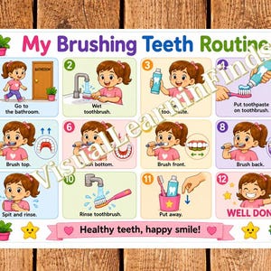 Pode incluir: Um cartaz educativo retangular intitulado My Brushing Teeth Routine apresentando doze passos numerados com ilustrações de desenhos animados de uma criança demonstrando como escovar os dentes, com o texto Healthy teeth, happy smile!