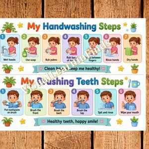 May include: A white instructional poster featuring two sections: My Handwashing Steps with seven illustrated stages and My Brushing Teeth Steps with six stages. Each step includes a cartoon character, numbered icons, and text instructions for hygiene.
