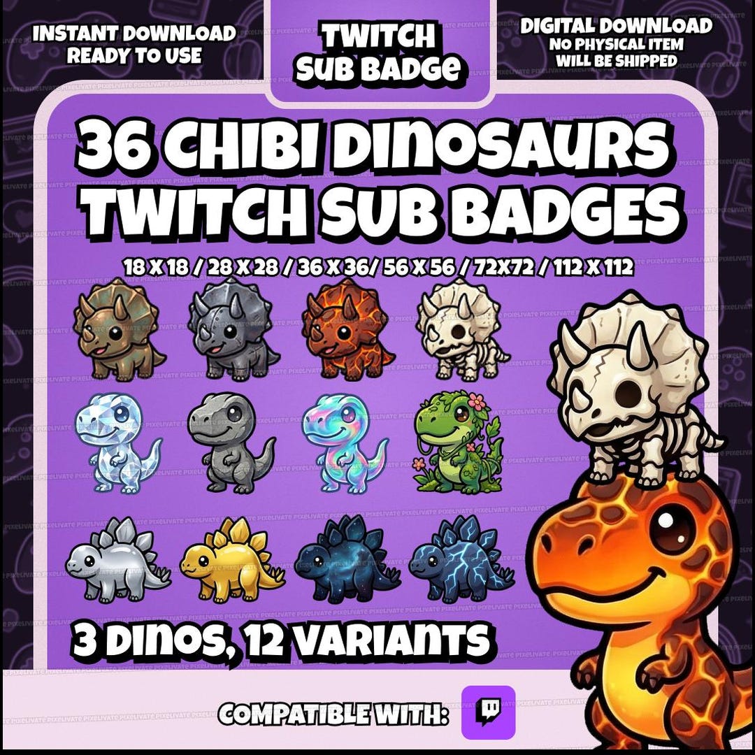 36 Chibi Dinosaur Twitch Sub Badges – T-rex, Triceratops, Stegosaurus ...