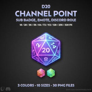 Puede incluir: Un conjunto gráfico digital que presenta un dado D20 en degradados azul, rosa y verde. El texto dice D20 CHANNEL POINT SUB BADGE, EMOTE, DISCORD ROLE, 18/28/36/56/64/72/112/128/256/320 PX, 3 COLORS, 10 SIZES, 30 PNG FILES y etsy.com/shop/pixelivate.