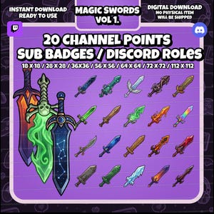 Magic Sword Icons Pack – Fantasy Twitch Sub Badges, RPG Discord Roles (Digital Download)