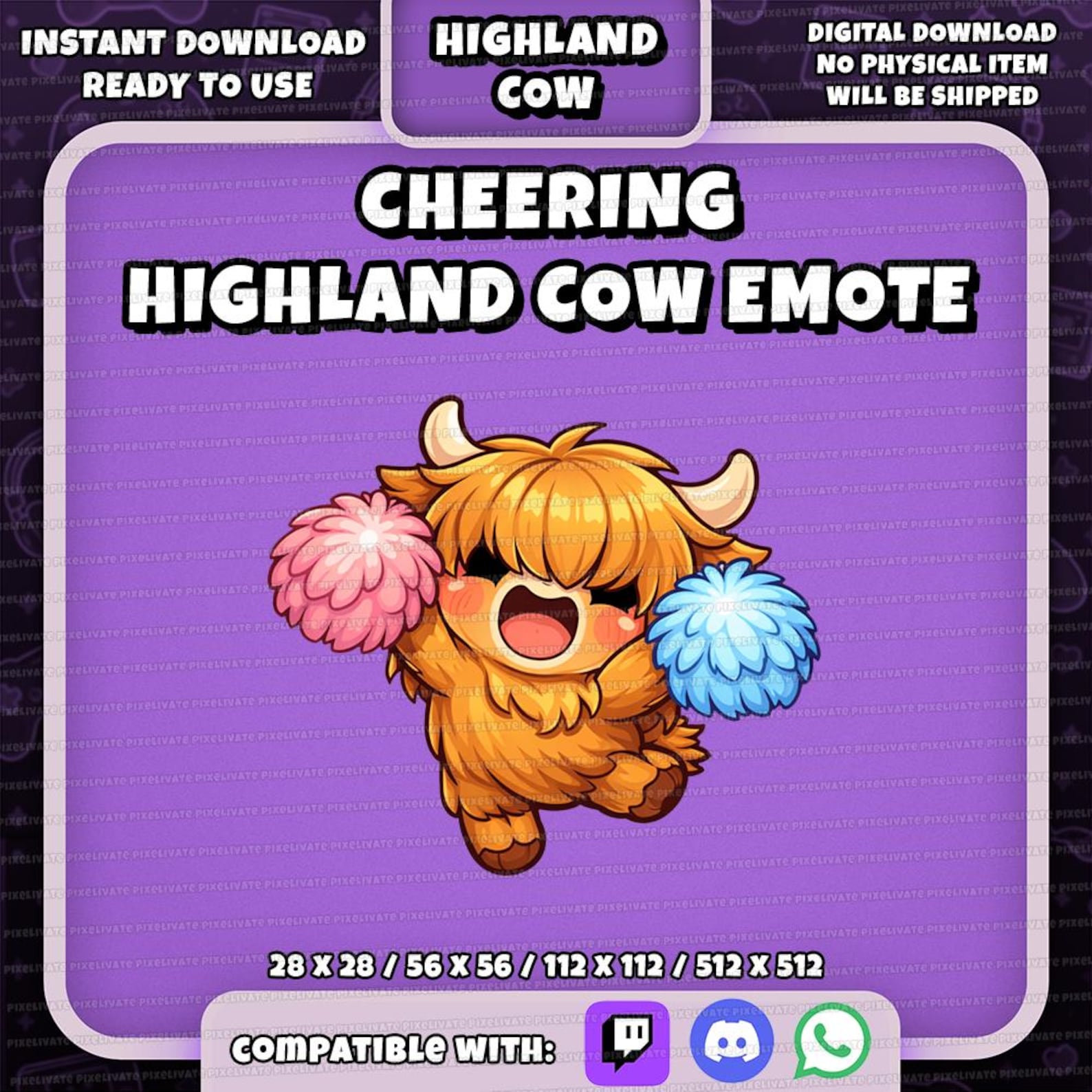 Cheering Highland Cow Emote | Kawaii Chibi Animal Streamer (digital ...