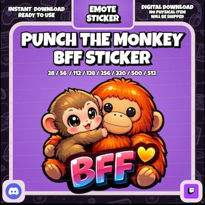 Könnte beinhalten: Digitaler Sticker mit zwei Cartoon-Affen, die sich umarmen, mit dem Text "PUNCH THE MONKEY BFF STICKER". Der Sticker hat einen lila Hintergrund und enthält den Text "BFF" mit einem Herzsymbol. Erhältlich in verschiedenen Größen.