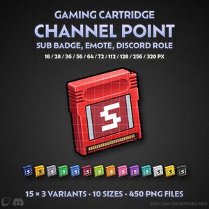 Puede incluir: Un gráfico digital de cartucho de juego rojo con un símbolo blanco en el centro. El texto dice: GAMING CARTRIDGE CHANNEL POINT SUB BADGE, EMOTE, DISCORD ROLE, 18 / 28 / 36 / 56 / 64 / 72 / 112 / 128 / 256 / 320 PX, 15 x 3 VARIANTS, 10 SIZES, 450 PNG FILES.
