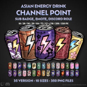 May include: A digital collection of energy drink can graphics featuring lightning bolt logos, including designs with geishas, cherry blossoms, and spiderwebs. The text reads ASIAN ENERGY DRINK CHANNEL POINT SUB BADGE, EMOTE, DISCORD ROLE.