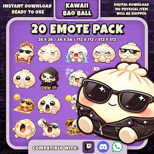 Puede incluir: Un paquete de gráficos de descarga digital con 20 emotes de bola bao kawaii. Los emotes muestran varias expresiones y poses, como llorar, usar gafas de sol y estar sentado en un trono. El texto "KAWAII BAO BALL" está en la parte superior.