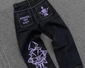Pantalon ample en denim unisexe avec broderie tête de mort Y2K : pantalon streetwear hip hop rétro