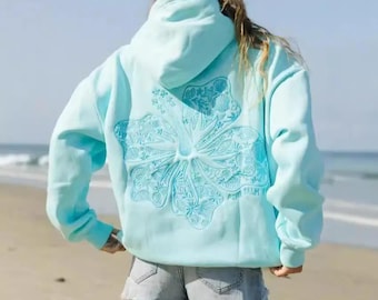 Sweat à capuche rose palmier bouffant – Sweat à capuche oversize brodé streetwear pour femme Neuve