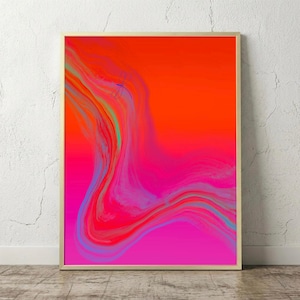 Puede incluir: Impresión artística abstracta enmarcada. La obra presenta un degradado de rosa oscuro a naranja brillante. Líneas arremolinadas de rosa, azul y verde crean un flujo visual dinámico. El marco es dorado. Ideal para la decoración del hogar.