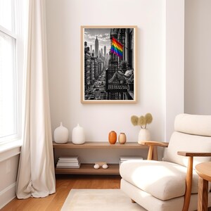 New York Pride Poster, Rainbow Flag NYC Wall Art, Gay Pride Reading Print, Urban Skyline Decor