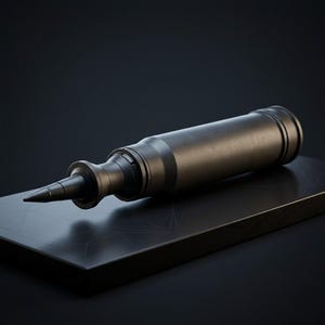 Pode incluir: Um tampão de garrafa preto fosco com uma ponta cónica e um corpo cilíndrico. O tampão está sobre uma superfície retangular preta. O design é elegante e moderno, adequado para garrafas de vinho.