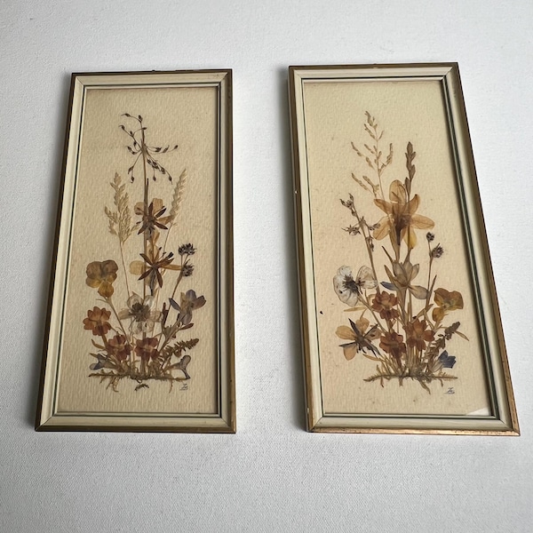 Vintage Pressed Flower Art Pair – Botanical Wall Decor, Mid Century Floral Pictures