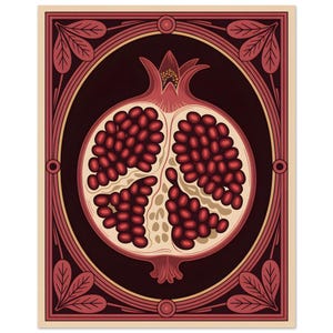 May include: A decorative print featuring a stylized illustration of a pomegranate. The fruit is cut open, revealing red seeds against a cream-colored interior. The design is framed by a burgundy border with leaf accents, set against a dark background.