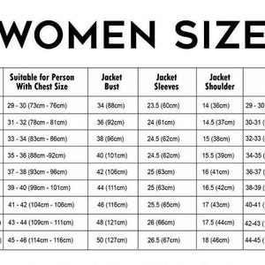 May include: A black and white size chart titled WOMEN SIZE, featuring columns for size, chest size, jacket bust, jacket sleeves, jacket shoulder, and waist. Measurements are provided in both inches and centimeters for sizes XXSmall to XXXXLarge.