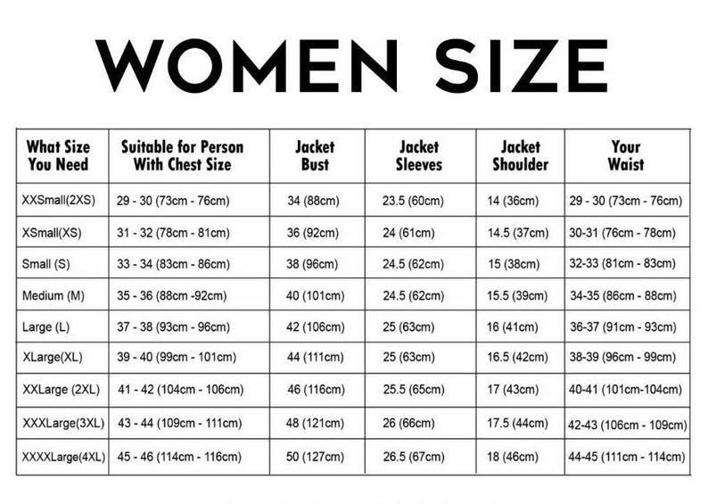 May include: A black and white size chart titled WOMEN SIZE, featuring columns for size, chest size, jacket bust, jacket sleeves, jacket shoulder, and waist. Measurements are provided in both inches and centimeters for sizes XXSmall to XXXXLarge.