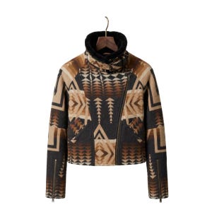 May include: A cropped jacket featuring a geometric pattern in shades of brown, tan, and charcoal gray. The jacket has a high collar lined with black faux fur, an asymmetrical front zipper closure, and long sleeves with zippered cuffs at the wrists.
