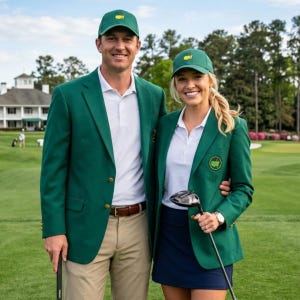 Op de afbeelding: Twee mensen dragen groene blazers en bijpassende groene petten met een golfbaanlogo. De persoon links draagt een beige broek en een wit poloshirt. De persoon rechts draagt een marineblauwe rok en houdt een golfclub vast.