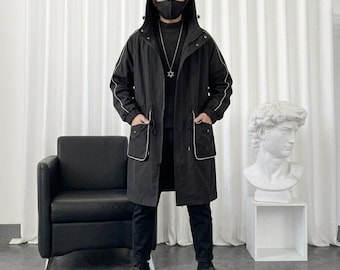 Black Hooded Steampunk Trench Coat, Gothic Duster Coat, Long Cotton Overcoat, Cosplay Assassin Cloak, Techwear Jacket, Unisex Black Coat