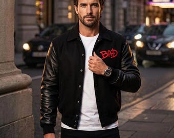 MJ Inspired Varsity Letterman Jacket, BAD Bomber Jacket , Black Wool Leather Sleeve Jacket, Unisex Letterman Coat , Varsity Bomber Jacket