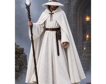 Wizard Costume Set, White Fantasy Cloak, Hooded Mage Robe, Pointed Hat, Medieval LARP & Renaissance Faire Cosplay, Wizard Costume