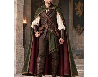 Medieval Ranger Rogue Costume, Fantasy Hooded Cloak & Leather Vest Set, Renaissance LARP Cosplay Outfit, Custom Size, Wizard Costume
