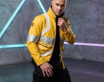 Yellow Leather Techwear Jacket | Unisex Futuristic Cosplay Jacket | Sci-Fi Biker Coat | Gamer Costume Jacket | Cosplay Jacket