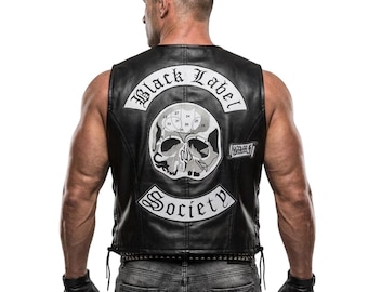 Mens Black Label Society Leather Vest, Zakk Wylde BLS Biker Vest, Black Leather Vest, Skull Style Leather Waistcoat, Cosplay Motorcycle Vest