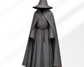 Wizard Costume Set, Grey Mage Robe with Hooded Cloak, Pointed Hat & Belt, Medieval Fantasy Cosplay Outfit, Renaissance Halloween